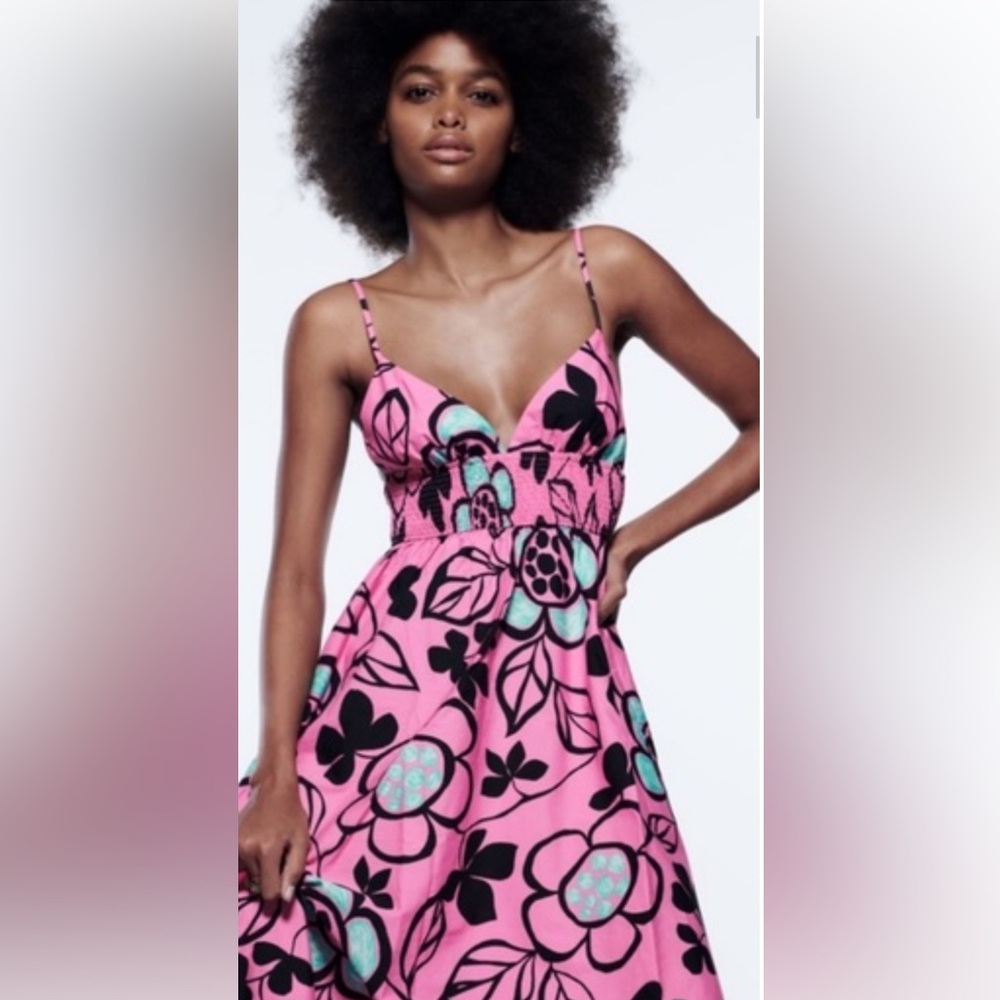 Zara Printed Poplin Midi Dress with Floral Print size S - Picture 6 of 15